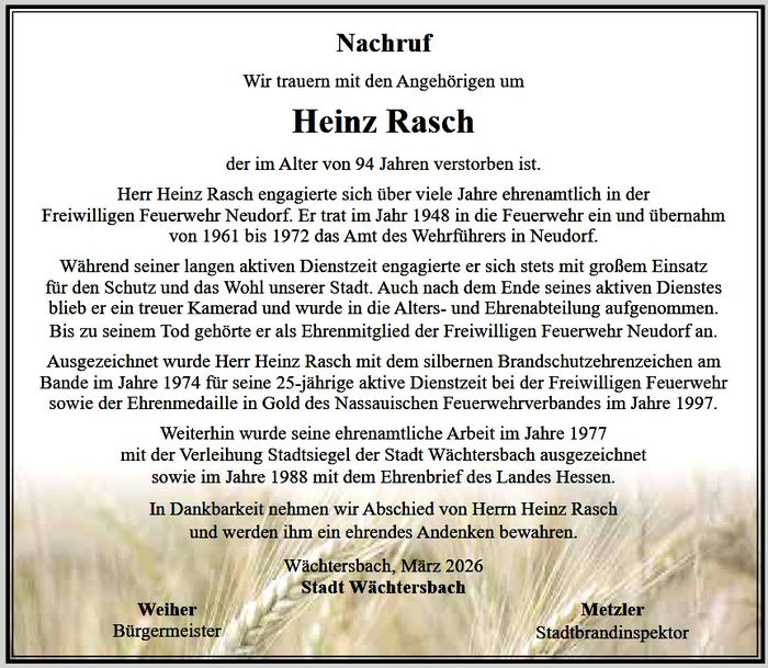 Traueranzeige Heinz Rasch Traueranzeige Heinz Rasch