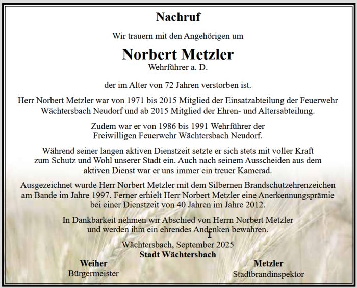 Traueranzeige Norbert Metzler