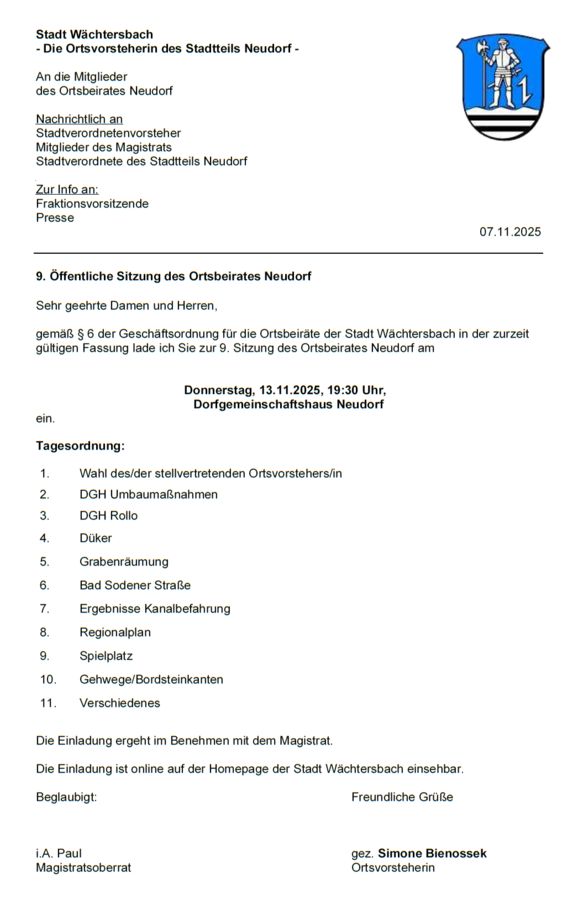Tagesordnung der Ortsbeirats-Sitzung am 13.11.2025 Tagesordnung der Ortsbeirats-Sitzung am 13.11.2025