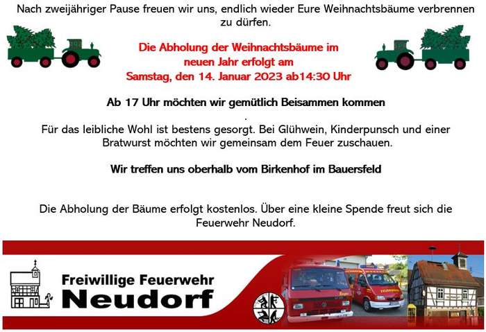 Freiwillige Feuerwehr: Verbrennung der Weihnachtsbäume am 14.01.2023