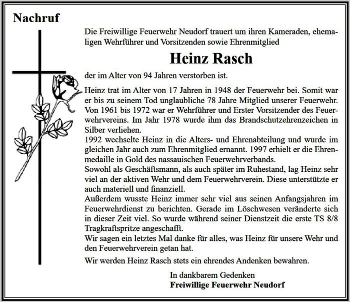 Traueranzeige Heinz Rasch Feuerwehr Traueranzeige Heinz Rasch Feuerwehr